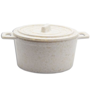Cocotte redonda grande de Melamina 15 cm de Ø x 8,5 cm de alto (21 cm con asas)  ADRIER Terral Blanco mármol