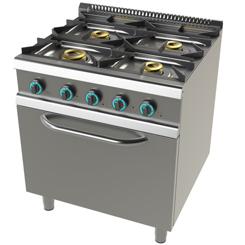 Cocina a gas con horno GN2/1 de 4 fuegos 8+4,5+6+6 Kw SerIe 700 JUNEX con medidas 800x730x900h mm FO7N401