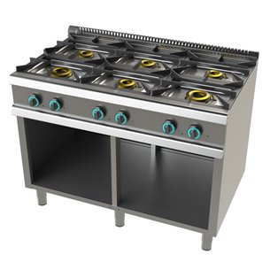 Cocina a gas Industrialcon mueble de 6 fuegos 2x8+4,5+3x6 Kw SerIe 700 JUNEX con medidas 1200x730x900h mm FO7N600-Z070FO7N600