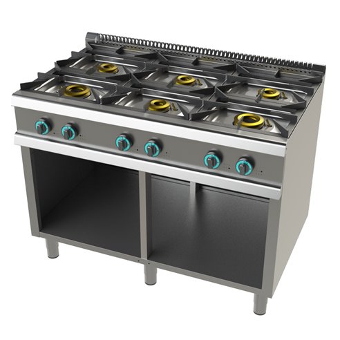 Cocina a gas con mueble de 6 fuegos 2x8+4,5+3x6 Kw SerIe 700 JUNEX con medidas 1200x730x900h mm FO7N600