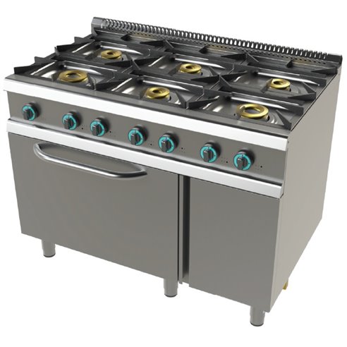 Cocina a gas con horno GN2/1 de 6 fuegos 2x8+4,5+3x6 Kw SerIe 700 JUNEX con medidas 1200x730x900h mm FO7N601