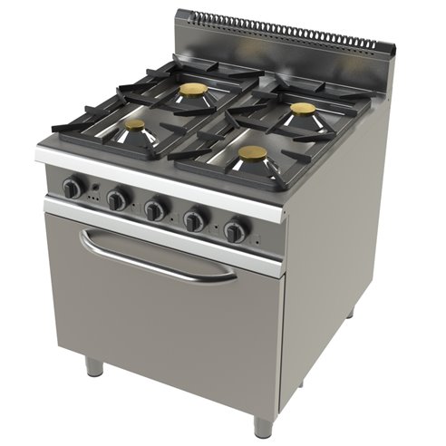 Cocina a gas con horno GN2/1 de 4 fuegos 4,3+8,3+10+8,3 Kw Serie 900 JUNEX con medidas 800x900x900h mm FO9C401