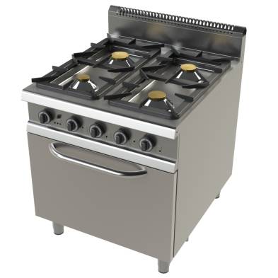 Junex- Cocina a gas Industrialcon horno GN2/1 de 4 fuegos 4,3+8,3+10+8,3 Kw Serie 900 JUNEX con medidas 800x900x900h mm FO9C401