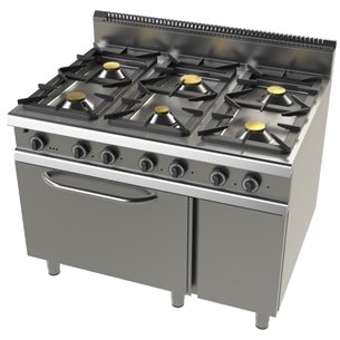 Cocina a gas con horno GN2/1 de 6 fuegos 2x8,3+4,3+2x10 Kw Serie 900 JUNEX con medidas 1200x900x900h mm F09C601