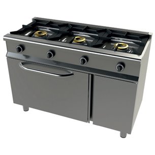 Cocina a gas con horno GN1/1 4,5Kw, 3 fuegos 8+8+8 Kw SerIe 550 JUNEX con medidas 1200x550x850h mm 6301/1