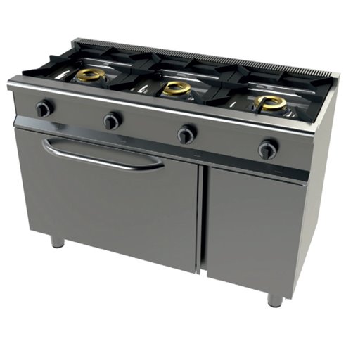 Cocina a gas Industrialcon horno GN1/1 4,5Kw, 3 fuegos 8+8+8 Kw SerIe 550 JUNEX con medidas 1200x550x850h mm 6301/1-Z0706301/1