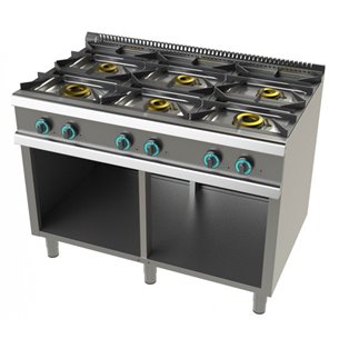 Junex- Cocina a gas Industrialcon mueble 6 fuegos 2X8+4,5+3x6 Kw Serie 900 JUNEX con medidas 1200x900x900h mm 9600/3