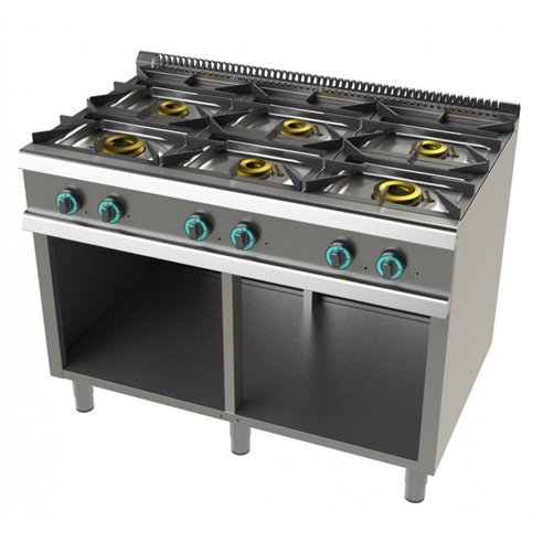 Cocina a gas con mueble 6 fuegos 2X8+4,5+3x6 Kw Serie 900 JUNEX con medidas 1200x900x900h mm 9600/3