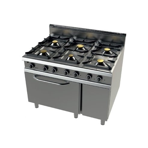 Cocina a gas con horno MAXI GN2/1 con válvula termostática de 6 fuegos 2x8+4,5+3x6 Kw Serie 900 JUNEX con medidas 1200x900x900h 