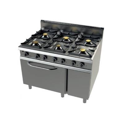 Junex- Cocina a gas Industrialcon horno MAXI GN2/1 con válvula termostática de 6 fuegos 2x8+4,5+3x6 Kw Serie 900 JUNEX con me...