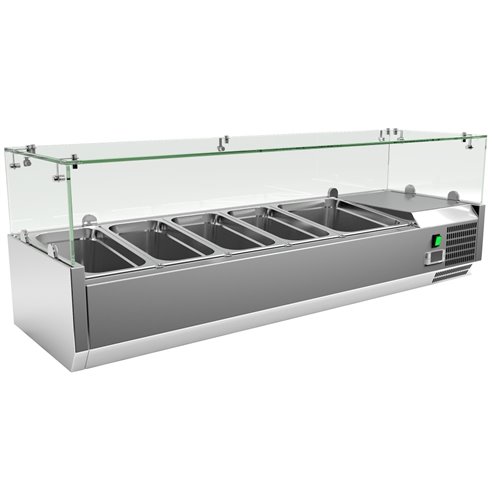 Clima Hosteleria- Vitrina 4 cubetas GN1/3 + 1 cubeta GN1/2 con Cúpula de Vídrio de 1400 x380 x440h mm CLIMAHOSTELERIA VRX1400...
