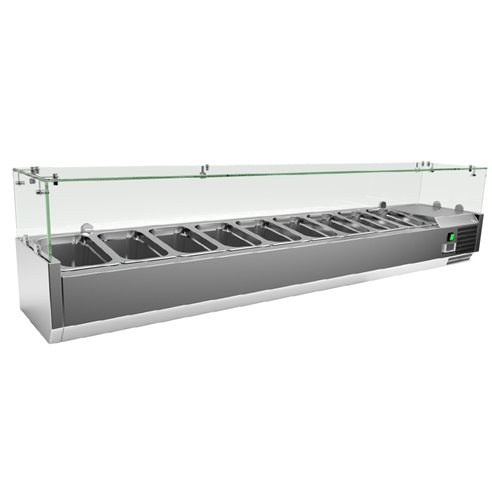 Clima Hosteleria- Vitrina 9 cubetas GN1/3 con Cúpula de Vídrio de 2000 x380 x440h mm CLIMAHOSTELERIA VRX2000380FG