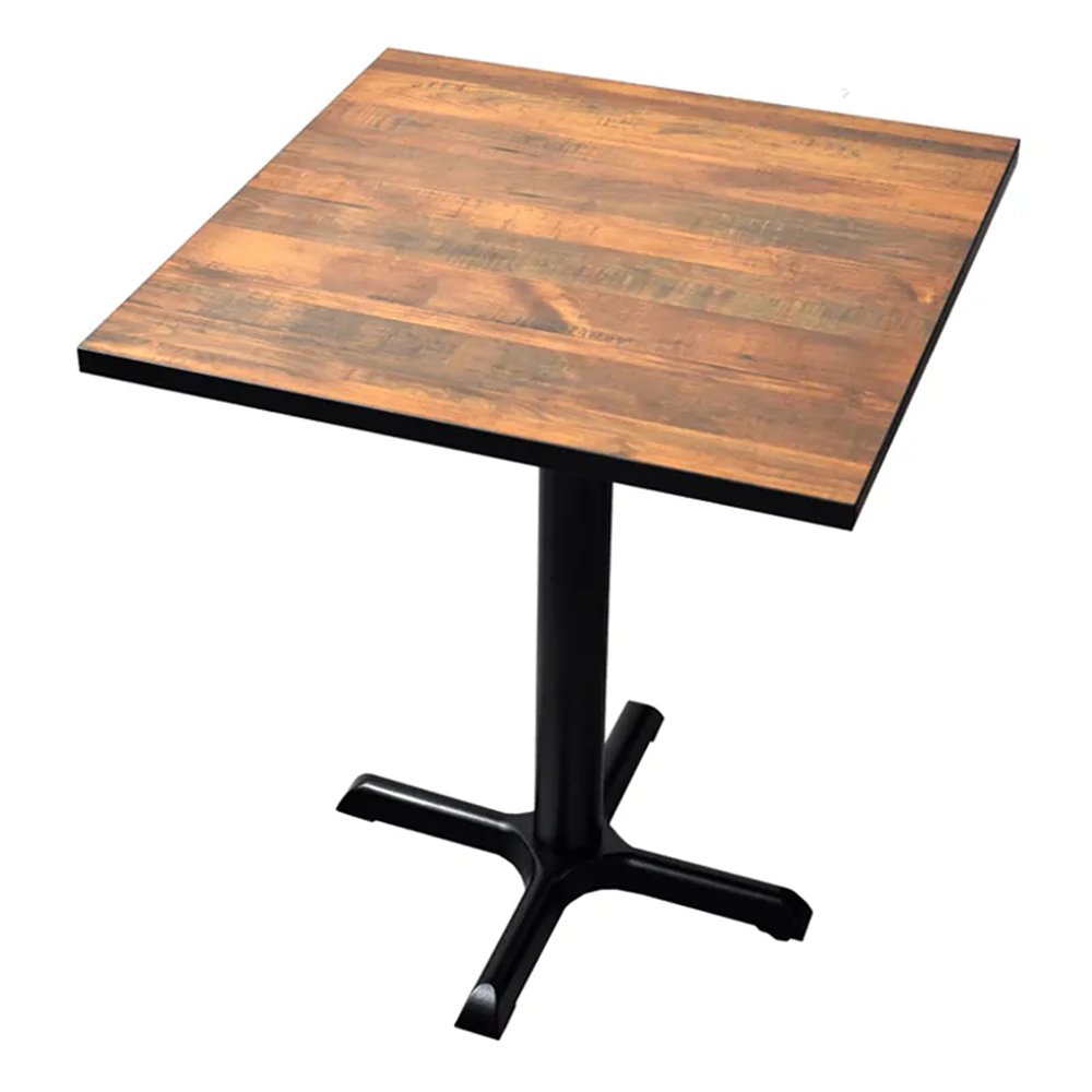 Mesa alta cuadrada de 70x70 cm. de madera color roble y patas metálicas  negras, barata y funcional.