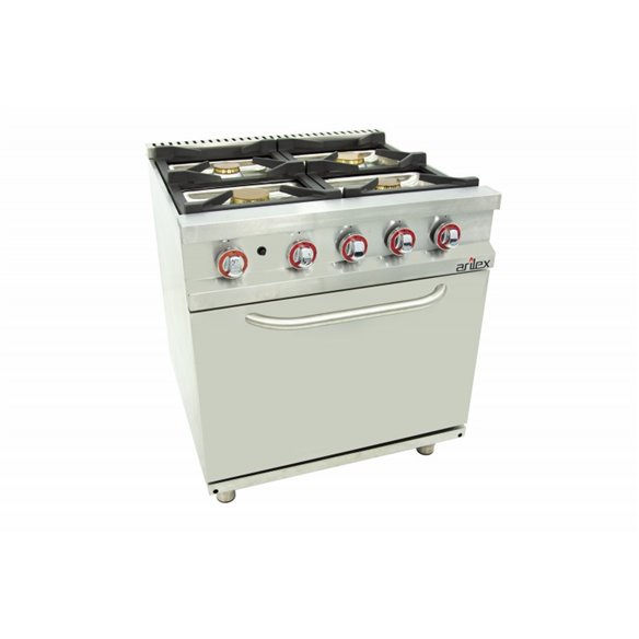 Arilex- Cocina a gas 4 fuegos con piloto de 2x7,5 +2x5,5 kW con horno GN2/1 termostático de 7,5Kw 80CG70H EASY 700