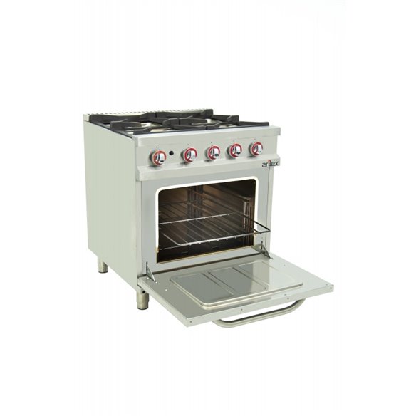 Arilex- Cocina a gas 4 fuegos con piloto de 2x7,5 +2x5,5 kW con horno GN2/1 termostático de 7,5Kw 80CG70H EASY 700