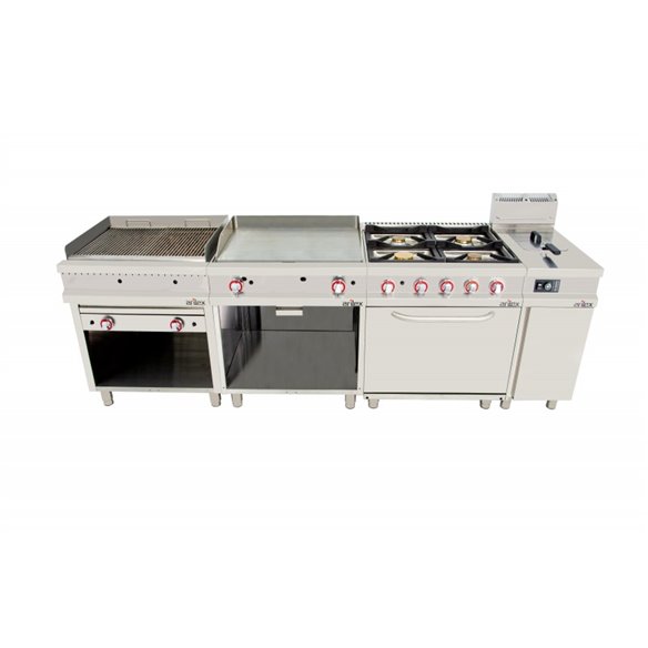 Arilex- Cocina a gas 4 fuegos con piloto de 2x7,5 +2x5,5 kW con horno GN2/1 termostático de 7,5Kw 80CG70H EASY 700