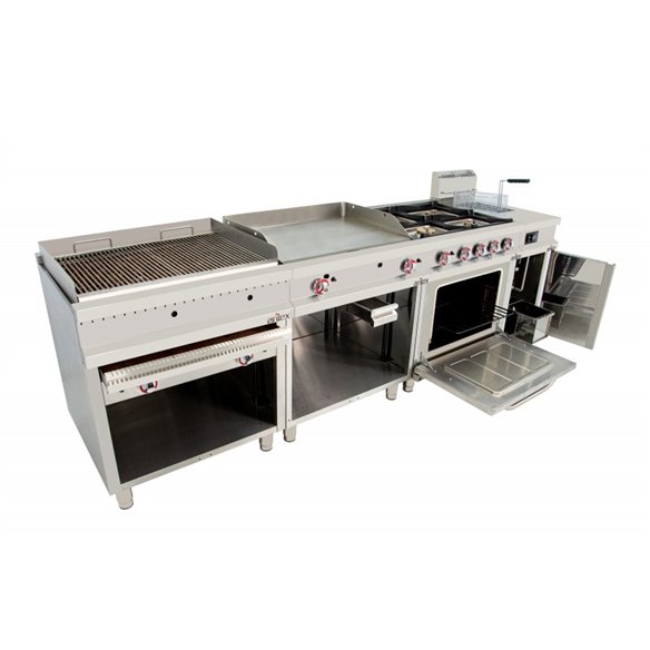 Cocina a gas 6 fuegos con piloto de 3x7,5 +3x5,5 kW con horno GN2/1 termostático de 7,5Kw 120CG70H EASY 700