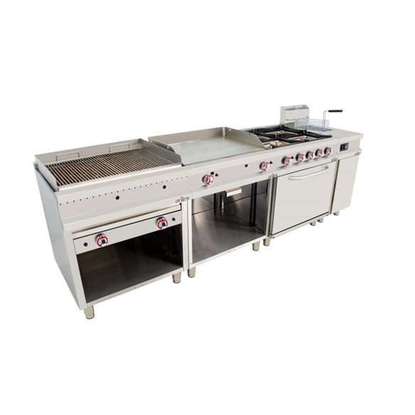 Cocina a gas 6 fuegos con piloto de 3x7,5 +3x5,5 kW con horno GN2/1 termostático de 7,5Kw 120CG70H EASY 700