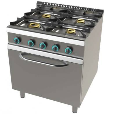 Junex- Cocina a gas Industrialcon horno GN2/1 de 4 fuegos 4,5+8+2x6Kw Serie 900 JUNEX con medidas 800x900x900h mm 9401/3