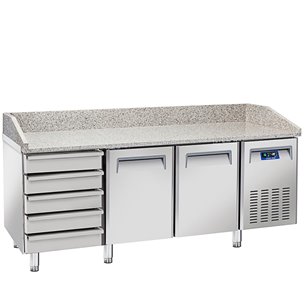 Mesa Refrigerada para Pizza con Encimera de Granito Serie QZ 2 Puertas Opacas 5 Cajones con Opción Vitrina Ingredientes VRX QZ 2