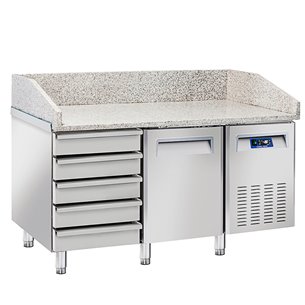 Mesa Refrigerada para Pizza con Encimera de Granito Serie QZ 1 Puerta Opaca 5 Cajones con Opción Vitrina Ingrediente VRX QZ 16 E