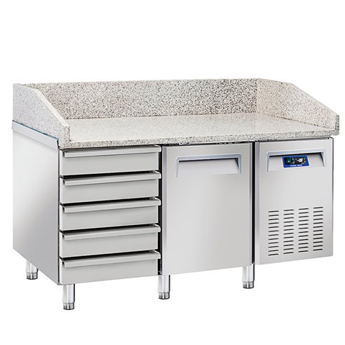 Mesa Refrigerada para Pizza con Encimera de Granito Serie QZ 1 Puerta Opaca 5 Cajones con Opción Vitrina Ingrediente VRX QZ 16 E