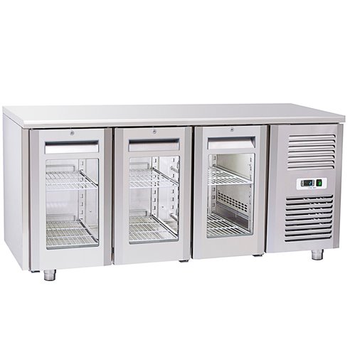 EUROFRED- Mesa Refrigerada Serie GN 1/1 Sin Peto 3 Puertas de Cristal 6 Estantes 400 Litros QRG 3100 Eurofred