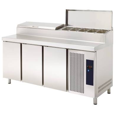 Clima Hosteleria- Mesa Refrigerada GN1/1 3 Puertas Preparación Encimera Inoxidable y Vitrina ingredientes GN1/3 1800x708x850h...